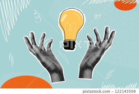 Idea halftone collage. Bulb light lamp in realistic hands paper vintage collage art , brain creative business think invention success solution concept design vector illustration Idea halftone collage. Bulb light lamp in realistic hands paper vintage collage art , brain creative business think invention success solution concept design vector illustration 122143509
