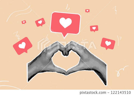 Halftone social media like. Realistic hands with heart gesture paper vintage collage, love art concept influence feedback n public or personal internet network vector illustration 122143510
