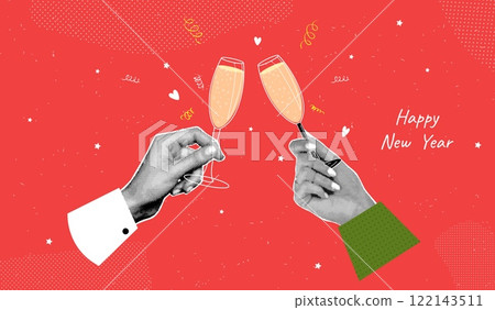 Halftone champagne glasses. Wine glass hand clink with wineglass, two hands holding alcohol drink toast new year christmas wedding celebration vintage collage vector illustration Halftone champagne glasses. Wine glass hand clink with wineglass, two hands holding alcohol drink toast new year christmas wedding celebration vintage collage vector illustration 122143511