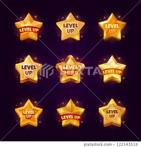 Game level up stars. Gamer winner levels achievement gold star badges, award medals casino bonus rank badge win point screen ui ux element, cartoon set swanky vector illustration Game level up stars. Gamer winner levels achievement gold star badges, award medals casino bonus rank badge win point screen ui ux element, cartoon set swanky vector illustration 122143518