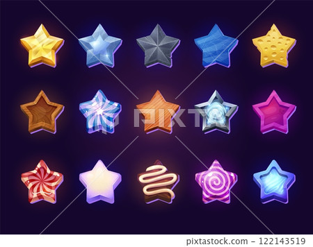 Game ui stars. Cartoon rate star for level up achievement medal or win experience bonus badge, user rank trophy gold wooden ice candy icons ui item, set swanky vector illustration Game ui stars. Cartoon rate star for level up achievement medal or win experience bonus badge, user rank trophy gold wooden ice candy icons ui item, set swanky vector illustration 122143519
