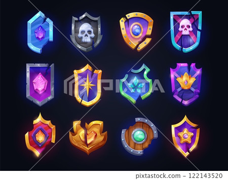 Cartoon broken shields. Fantasy game damaged wooden shield, viking warrior barbarian player inventory ui gaming element medieval battle war knight armor, swanky vector illustration 122143520