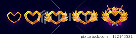 Game avatar heart frames. User level up progress border, rank badge golden frame love valentine symbol fantasy 2d gaming interface element asset cartoon swanky vector illustration 122143521