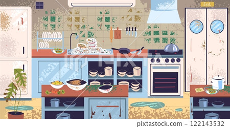 Messy kitchen. Mess in commercial restaurant or home kitchens, leak food dirty furniture indoor room cartoon interior, professional cooking equipment classy vector illustration Messy kitchen. Mess in commercial restaurant or home kitchens, leak food dirty furniture indoor room cartoon interior, professional cooking equipment classy vector illustration 122143532