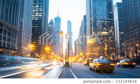 Cityscape with Skyscrapers and Blurred Traffic at Dusk - Urban Photography 122143618