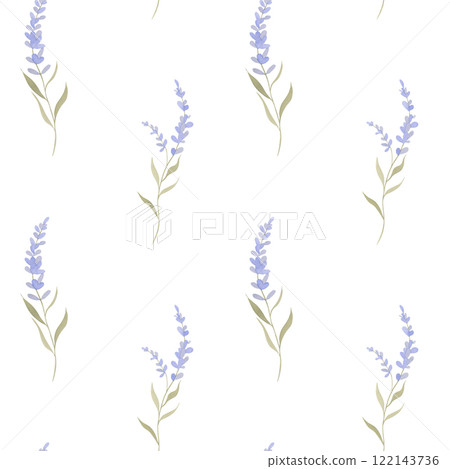 Simple watercolor pattern with lavender sprigs on a white background. Stylized hand drawn flowers for application on fabric or gift wrap 122143736