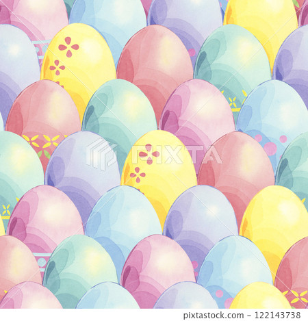 Happy easter seamless pattern of colored eggs. Festive watercolor hand drawn illustration. Cute tiled ornament for wrapping, textile, kitchen art and spring design 122143738