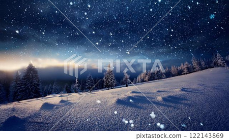 Snow-covered forest and starry sky 1 122143869