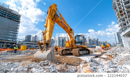 Excavator on urban construction site Excavator on urban construction site 122144037