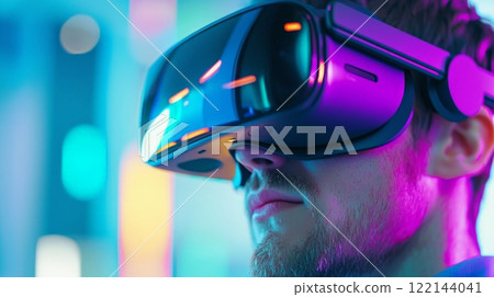Explore new realities a man immersed in virtual reality technology experience 122144041