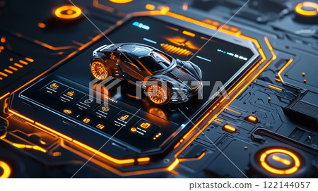 Futuristic electric sports car on smart interface 122144057