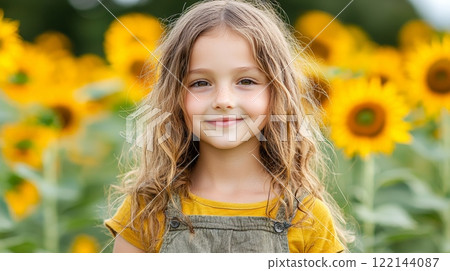 Joyful little girl in a vibrant field of sunflowers a perfect summer moment 122144087