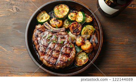 Juicy grilled steak with roasted zucchini and potatoes 122144089