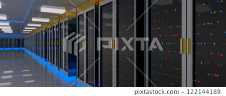 Server room data center. Backup, mining, hosting, mainframe, farm and computer rack with storage information. 3d render Server room data center. Backup, mining, hosting, mainframe, farm and computer rack with storage information. 3d render 122144189