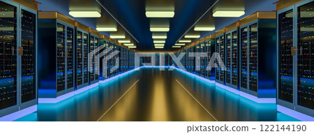 Server room data center. Backup, mining, hosting, mainframe, farm and computer rack with storage information. 3d render Server room data center. Backup, mining, hosting, mainframe, farm and computer rack with storage information. 3d render 122144190