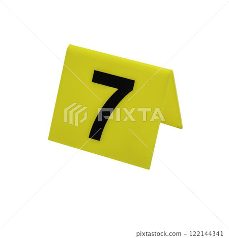 Crime scene investigation. Yellow marker number 7 for identification of evidence on transparent background 122144341