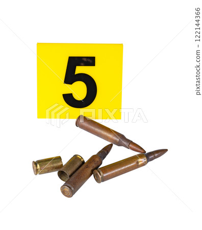 yellow evidence marker with number next to which are cartridges and shells. transparent background 122144366