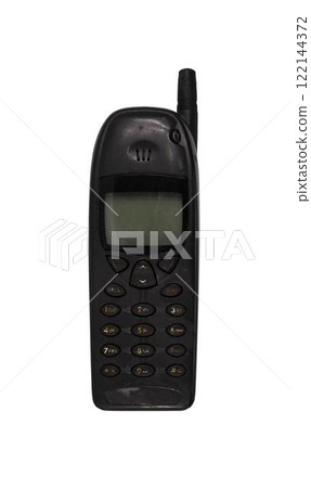 Retro mobile phone with a classic button design on a transparent background. The high resolution and transparent background make it perfect for use in advertising, illustrations, and design projects. 122144372