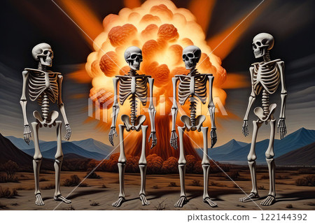 There are human skeletons in the background of a nuclear explosion. The concept of apocalypse, the end of the world. There are human skeletons in the background of a nuclear explosion. The concept of apocalypse, the end of the world. 122144392