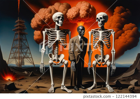 There are human skeletons in the background of a nuclear explosion. The concept of apocalypse, the end of the world. There are human skeletons in the background of a nuclear explosion. The concept of apocalypse, the end of the world. 122144394