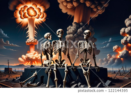 There are human skeletons in the background of a nuclear explosion. The concept of apocalypse, the end of the world. 122144395