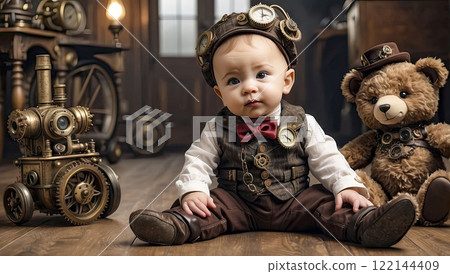 steampunk baby on the floor with toys. steampunk universe. 122144409