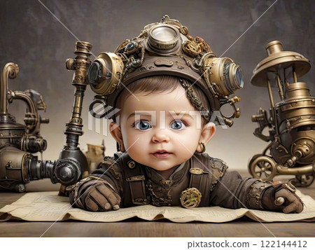 steampunk baby on the floor with toys. steampunk universe. steampunk baby on the floor with toys. steampunk universe. 122144412