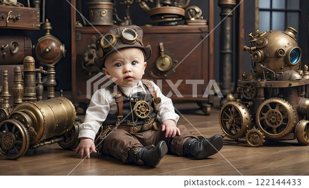steampunk baby on the floor with toys. steampunk universe. 122144433