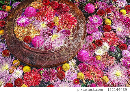 用漂浮的花朵裝飾的水坑 122144489