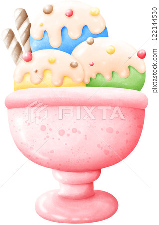 Three flavors of ice cream topped with candy bars Three flavors of ice cream topped with candy bars 122144530