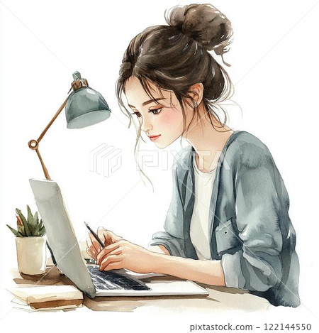 一位女士在筆記型電腦上工作的水彩插圖 122144550