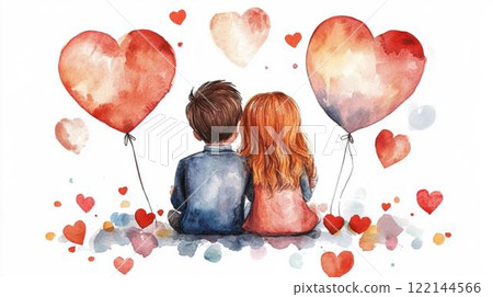 並肩而坐的男女兒童背影心型情人節插畫素材 並肩而坐的男女兒童背影心型情人節插畫素材 122144566