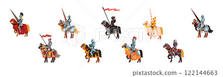 Medieval Knight in Helmet on Horse Vector Set 122144663