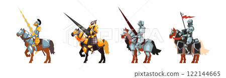 Medieval Knight in Helmet on Horse Vector Set 122144665