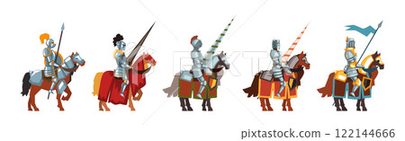 Medieval Knight in Helmet on Horse Vector Set 122144666