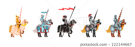 Medieval Knight in Helmet on Horse Vector Set 122144667