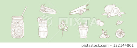 Sketch Smoothie Ingredient and Healthy Product Vector Set 122144801