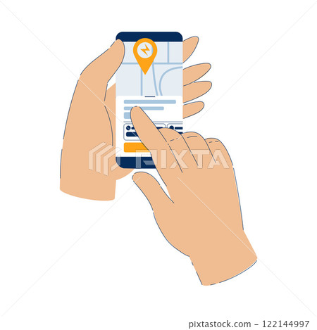Electric Scooter Rent App with Hand Hold Smartphone Vector Illustration Electric Scooter Rent App with Hand Hold Smartphone Vector Illustration 122144997