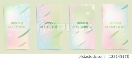 Set of Spring Nature Sale Designs. Green and pink gradient backgrounds with natural leaf patterns. Aesthetic templates for flyers, greeting cards, and banners. Set of Spring Nature Sale Designs. Green and pink gradient backgrounds with natural leaf patterns. Aesthetic templates for flyers, greeting cards, and banners. 122145178