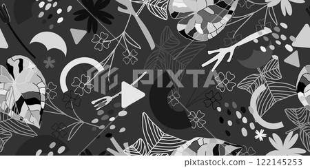 Abstract contemporary seamless pattern. Hand drawn flower and leaf shape textures. Repeatable vibrant boho prints. Vector illustration.  122145253