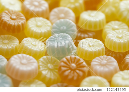 Colorful assortment of jelly candies displayed in a close-up view featuring various shapes and flavors Colorful assortment of jelly candies displayed in a close-up view featuring various shapes and flavors 122145395