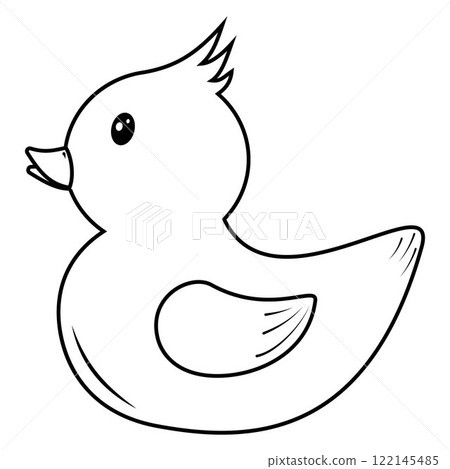 A rubber duck. A children's bathing toy. Inflatable cute duck in doodle style. A separate illustration. 122145485