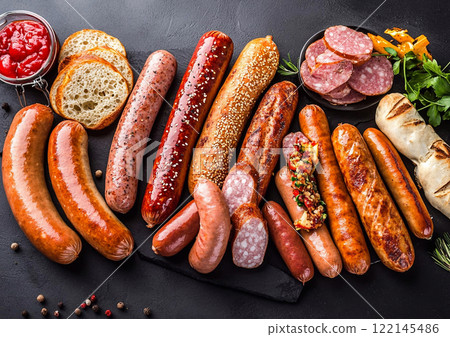 Various juicy grilled sausages made from pork and beef and chicken on kitchen table top. 122145486