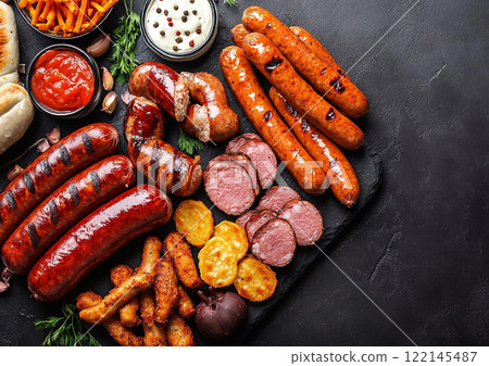 Various juicy grilled sausages made from pork and beef and chicken on kitchen table top.Macro. 122145487