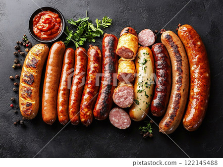 Various juicy grilled sausages made from pork and beef and chicken.Macro.AI Generative. Various juicy grilled sausages made from pork and beef and chicken.Macro.AI Generative. 122145488