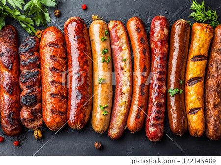 Various juicy grilled sausages made from pork and beef and chicken.Macro.AI Generative. 122145489