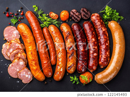 Grilled assorted Bavarian pork and beef sausages ready for Oktoberfest party.Macro.AI Generative. 122145493