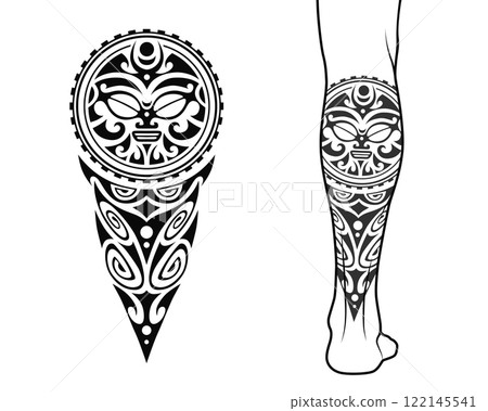 Maori tribal style tattoo pattern fit for a leg. With example on body. Maori tribal style tattoo pattern fit for a leg. With example on body. 122145541