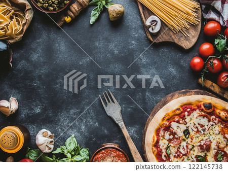 Top view of various italian traditional cuisine food with pizza and pasta with vegetables and olive oil on black kitchen table.Macro.AI Generative. 122145738