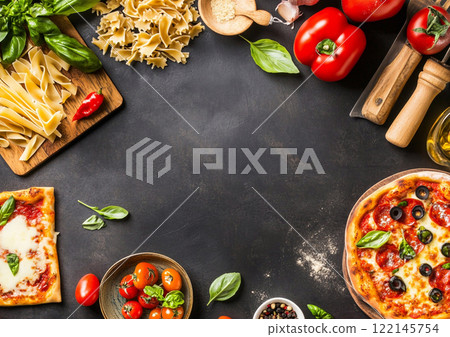 Traditional italian cuisine food with pizza and various pasta with vegetables and olive oil. 122145754